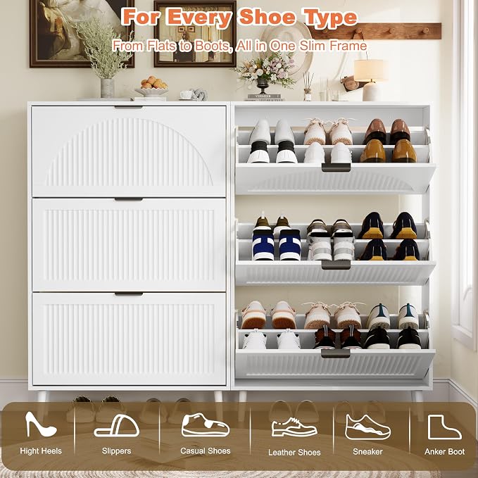 Shoe Storage Cabinet with 3 Flip Drawers, Narrow Wood Shoe Organizer Cabinet with Fluted Panel, Slim Shoe Rack for Entryway, Freestanding Shoe Cabinet for Living Room, Hallway, White