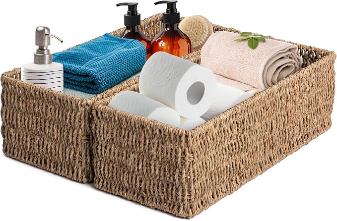 JS HANGER Toilet Basket Tank Topper， Seagrass Storage Baskets, Rectangular Wicker Baskets for Toilet Tank Top, Bathroom Wicker Basket, 14.9"L x 6.3"W x 4.7"H, 2-Pack