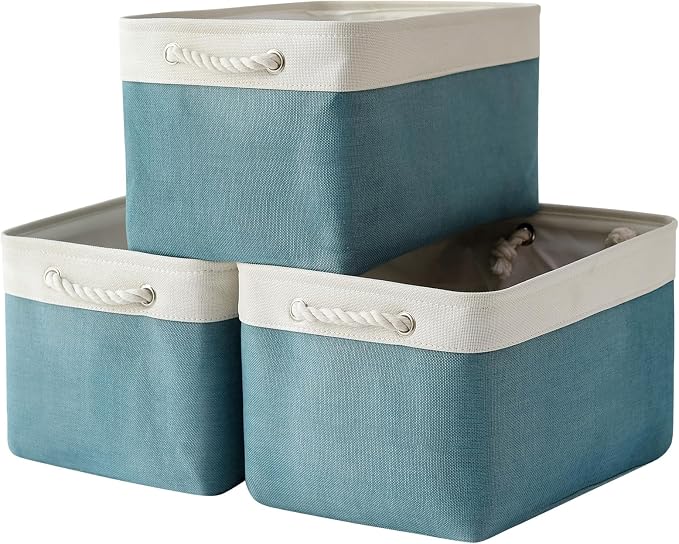 Organization and Storage basket for Organizing - 3 Pack 16x12x12 inch Cube Storage Bin for Shelves, Fabric Storage Cubes for Organizer Cloth Closet Toy Box (White & Green)