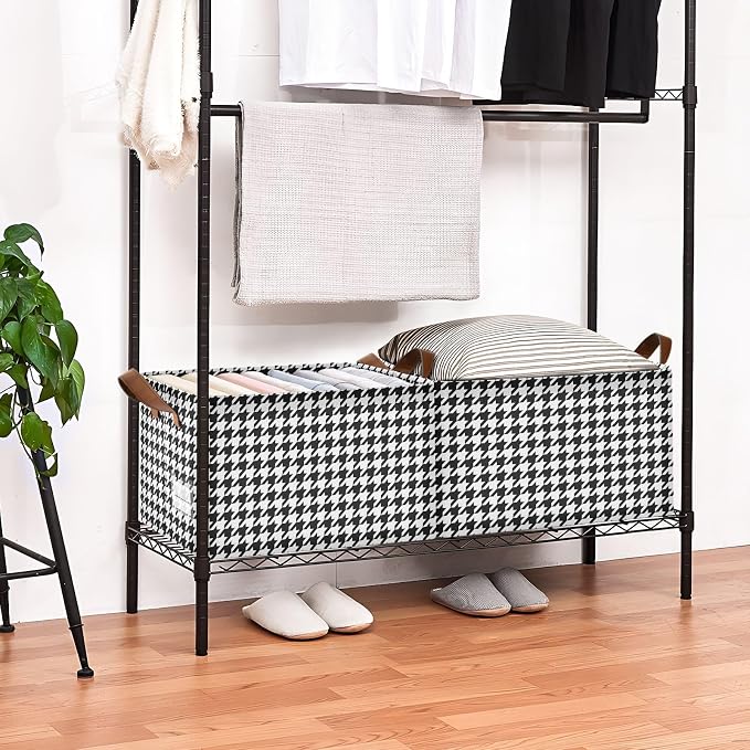 Black and White Houndstooth Classic Storage Basket Foldable Cube Storage Bins with Handles&Labels Waterproof Collapsible Organizer Box Bin Large Rectangle Decorative Baskets for Shelves Home Room
