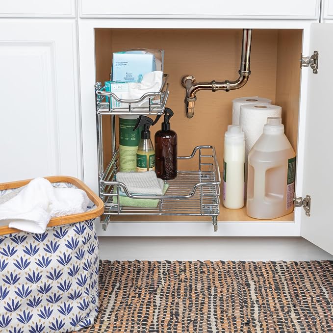 Household Essentials Glidez 2‑Tier Multipurpose Chrome‑Plated Steel Pull‑Out/Slide‑Out Under Sink Organizer, Chrome Finish