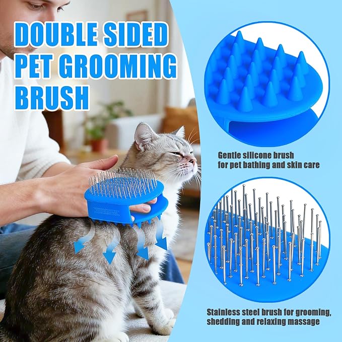 Upgraded Double-Sided Dog Grooming Brush, Silicone Pet Bath Brush for Long Short Haired Dogs and Cats, Dog Shampoo Brush for Shower, Massage, 3-in-1 Hair Removal Comb for Shedding & Deshedding