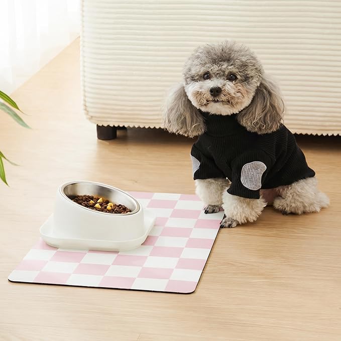 Ralxion Checkered Dog Feeding Mat, Absorbent Mats for Dog Food and Water Bowl, Dispenser, Retro Aesthetic Cute Pink Checkerboard Pet Placemat for Dogs, Cats, Puppy Accessories, 12" X19”
