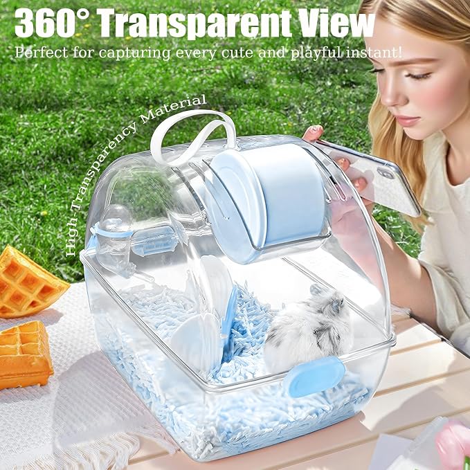 Small Portable Hamster Cages,Big Size(13×8.2×10.8'') Hamster Carrier with Water Bottle,Dwarf Hamster Travel Cage with Storage Box,360º Transparent Acrylic Pet Travel Carrier,Mouse Gerbil Cage(Blue)