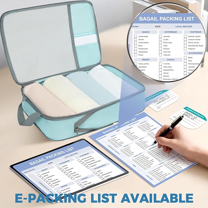 BAGAIL Lightweight Compression Packing Cubes for Travel, 6 Set, Dusty Blue | Salis Nylon Fabric,Anti-Tearing,Save Space,SBS Zippers,Packing List,PVC Tag Pocket,Custom Labels,Visible Mesh,Portable Handel