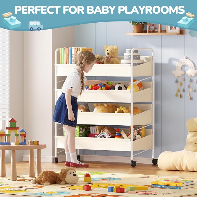 Kids Toy Storage Organizer with 4 Shelves & Wheels for Playroom | White, Large Size, Steel Frame & Oxford Fabric, Rolling Casters with 2 Locks, Safe Rounded Edges, Easy Assembly