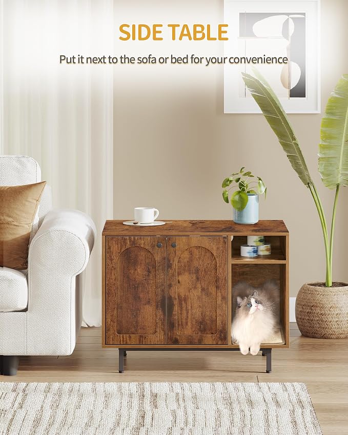 Hzuaneri Cat Litter Box Enclosure, Hidden Litter Box Furniture with Storage | Large Wooden Cabinet with Sisal Mat, Modern Cat Washroom for Living Room, Bedroom, Entryway, Rustic Brown and Black CB01501B