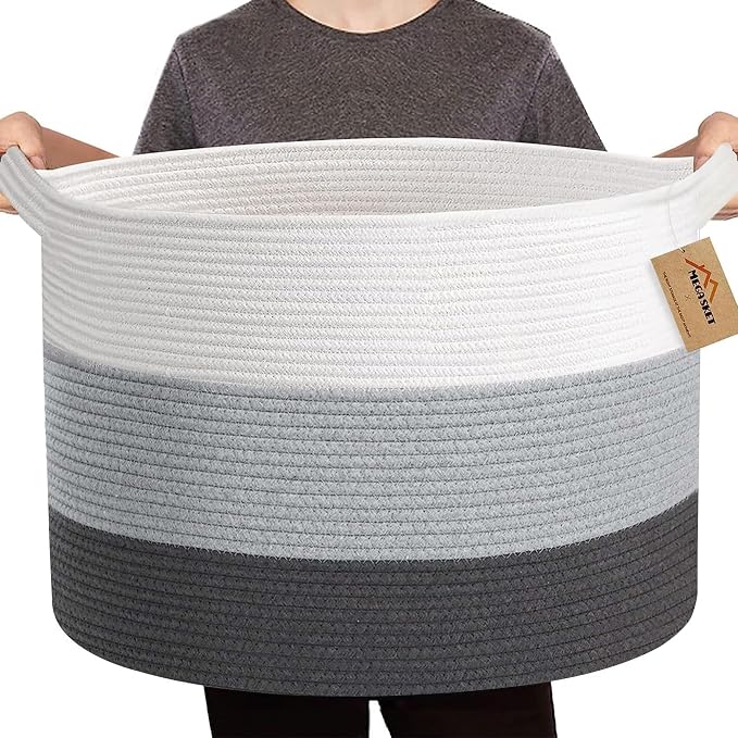 MEGASKET Extra Large Cotton Rope Basket, 22” X 22” X 14” Blanket Storage for Living Room, Soft Kids Dog Toy Bin Box, Woven Round Baskets for Organizing, Big XXL Blanket Pillow Holder Organizer