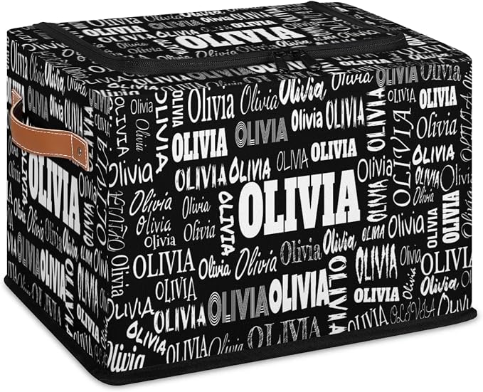 Custom Storage Baskets for Kids with Name, Large Solid Black Foldable Organizer Collapsible Storage Bin with Zipper Lid Leather Handle for Home Toys Closet Nursery