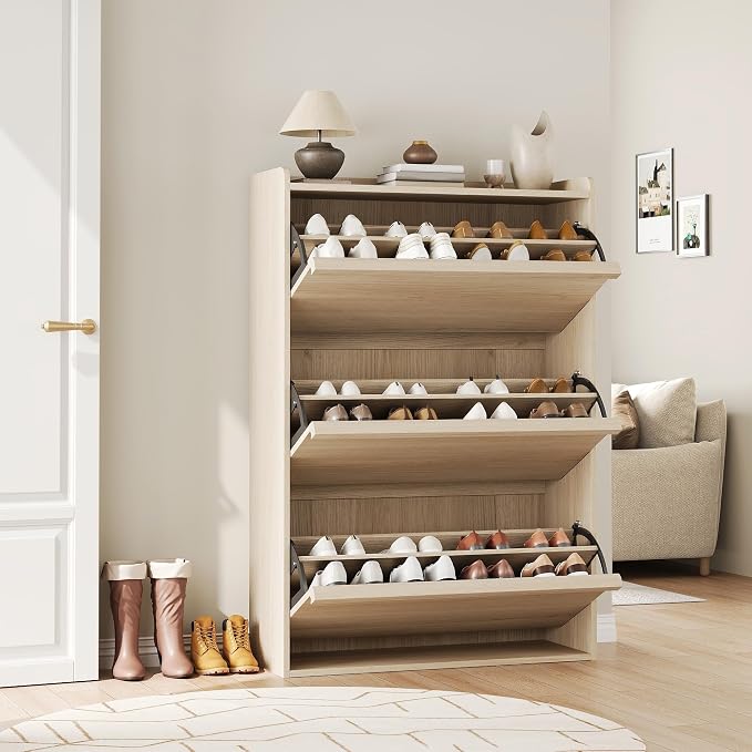 GarveeHome Shoe Cabinet with 3 Flip Drawers, Wooden Shoe Organizer Cabinet with Adjustable Shelf, Shoe Storage for Entryway, Hidden Shoe Cabinet for Hallway, Living Room, Natural Oak
