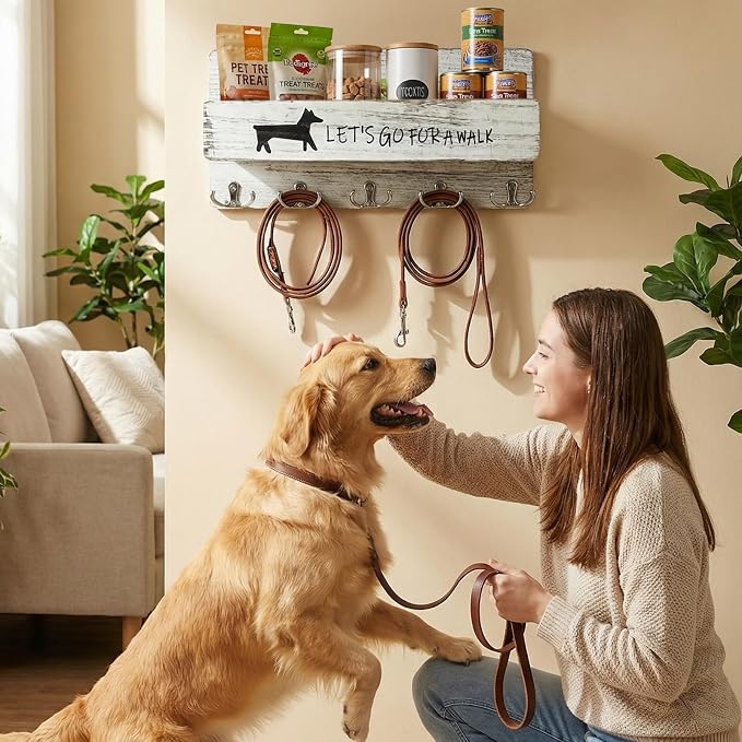 Wood Dog Leash Holder for Wall, Key Hanger with 5 Double Key Hooks | Dog Leash Hanger Wall Mounted for Entryway, Farmhouse Treats,35cm,White