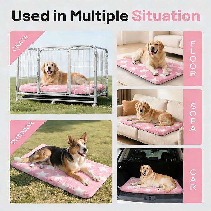 Dog Bed Mat, Reversible Crate Pad & Durable Dog Bed - Machine Washable Kennel Mat with Ultra Soft for Large Dogs (Big&Small Stars Pink, 35" L*23" W*1.5" Th)