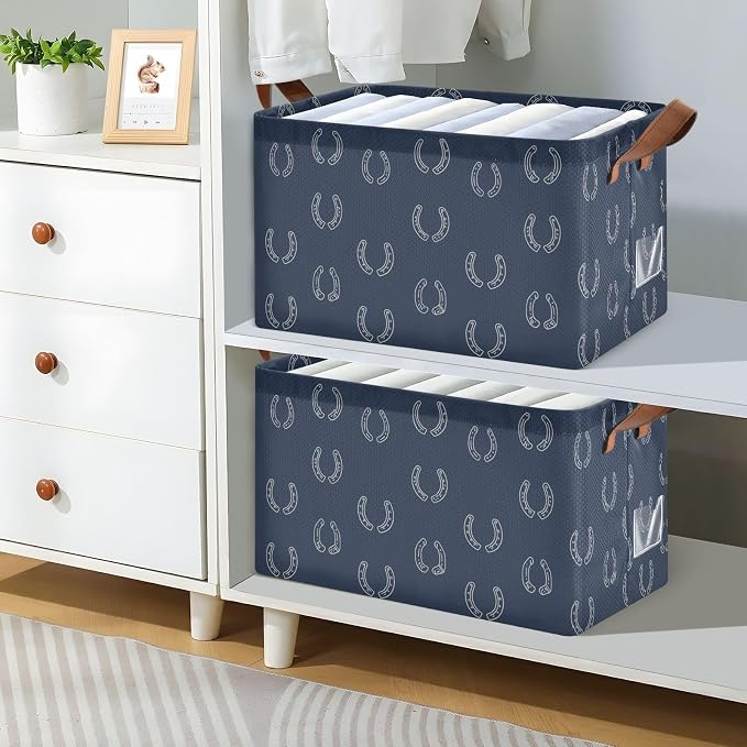 Navy Blue Bg Simple Horseshoe Storage Basket Foldable Cube Storage Bins with Handles&Label Waterproof Collapsible Organizer Box Bin Large Rectangle Decorative Baskets for Shelves Home Room Laundry