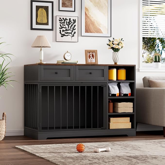Wooden Dog Crate Furniture, Indoor Dog Kennel TV Stand with Storage, Black | 2 Drawers and 4 Open Shelves, Multi-Functional Dog Kennel for Small, Medium and Large Dogs