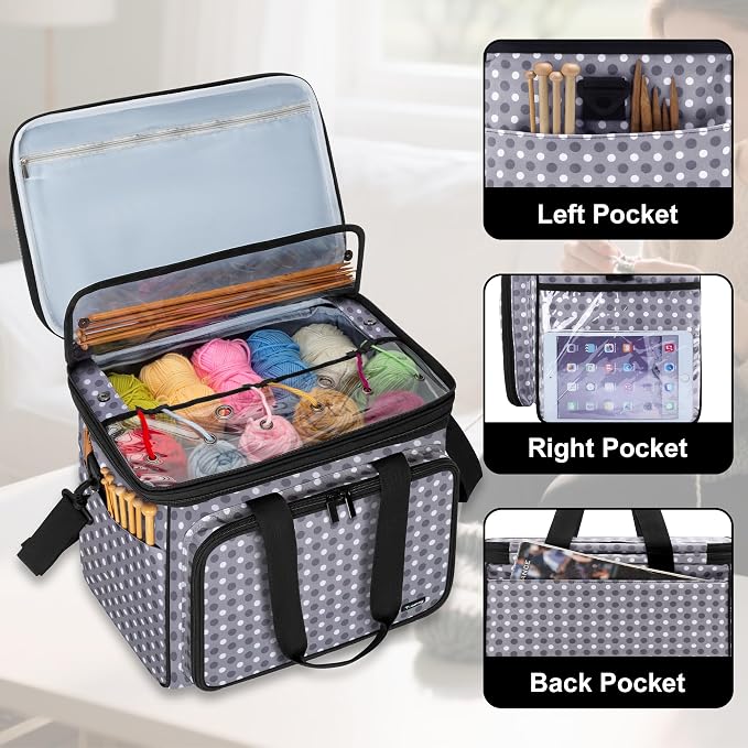 Teamoy Crochet Bag Knitting Bag Yarn Storage Tote, Yarn Organizer, Gray Dot | Yarn Holder for Crocheting, with Inner Divider and Cover, for Yarn Skeins, Project, Knitting Needles, and Crochet Supplies