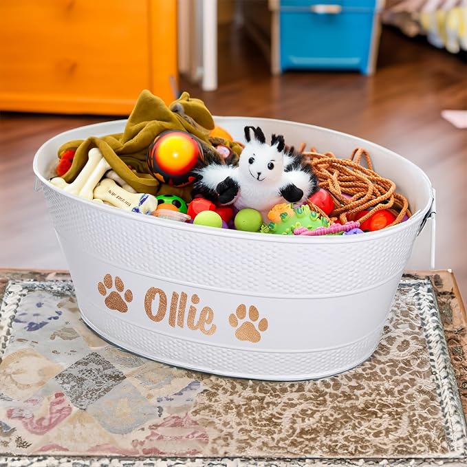 BREKX Personalized Metal Dog Toy Box - White Galvanized Storage Bin with Handles, Organizer Storage Basket for Pet Toys, Blankets, Leashes - (25 Quart)