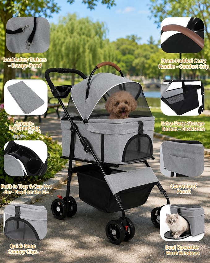 Pet Stroller, 3 in1 Foldable Dog Cat Stroller with Detachable Carrier-Gray | 35lbs Lightweight Foldable Dog Stroller, All-Terrain 4 Wheels, Compact Travel Pet Stroller for Small to Medium Pets