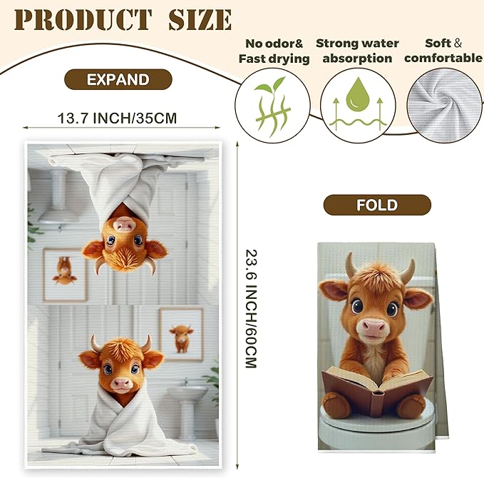 Bath Towels Set of 2, Cute Highland Cattle Dish Towel for Bathroom Spa Washroom, Western Calf Fast Drying Decorative Hand Towels, Farmhouse Housewarming Xmas Gifts for Women Mom -B22