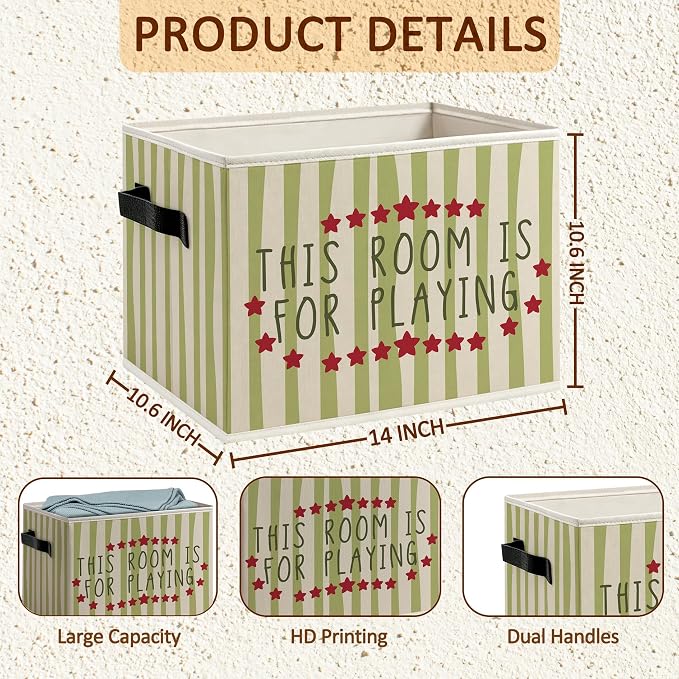 Green Striped Kids Playroom Foldable Storage Bins Box with Handles, This Room Is for Playing Decorative Storage Boxes Baskets Toybox Organizer for Kids Nursery Room Bedroom Playroom