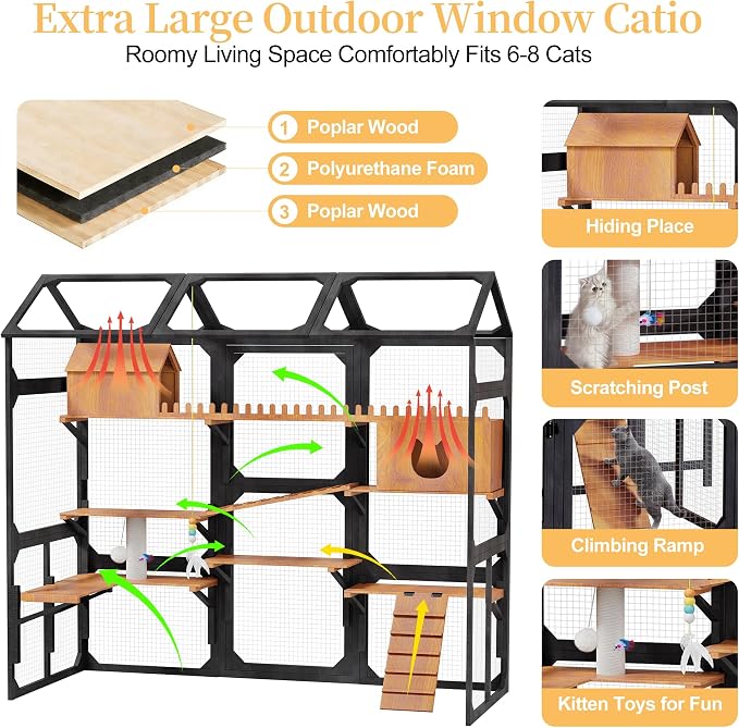 Large Outdoor Cat Enclosure Wooden Catio with Multi-Level Play Platforms, Climbing Ramps, Resting Boxes, Pom-Pom Toys & 2 Plant Stands, Weather-Resistant Roof & Wire Mesh for Backyard Patio, Black