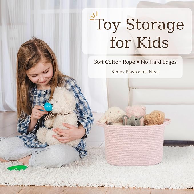 XUANGUO Woven Cotton Rope Storage Basket with Handles 13x10x9 inch Pink | Woven cotton rope basket for shelves and closets. Perfect for toys, books, clothes, nursery storage and gift baskets.