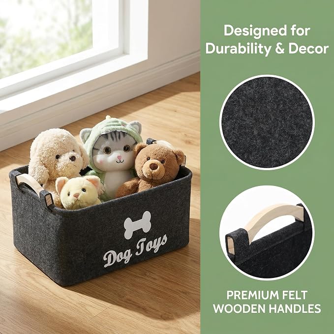 Totority Pet Toy Basket Felt Storage Bin with Handles 15.35 X 10.62 X 7.08 in Organizer Container for Dog Toys Accessories Kids Toys Home Bedroom Living Room