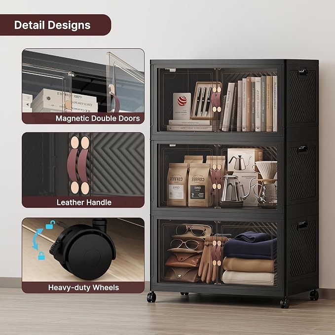 Stackable Storage Bins with Lids, 330QT Lockable Storage Cabinet | Closet Organizers, Foldable Storage Box with Doors and Wheels, Plastic Drawers for Home, Garage, Office (3, Black, Plus)