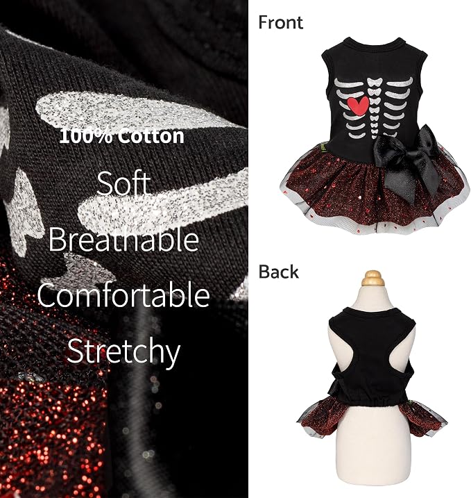 Fitwarm Halloween Skeleton Dog Dress, Funny Dog Halloween Costumes, Doggy Clothes for Small Dogs Girl, Pet Apparel, Black, Red, White, Small