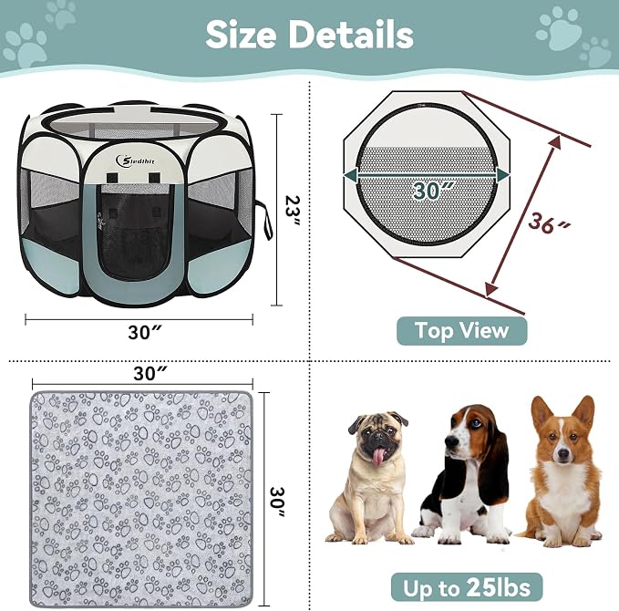 Siedihit Medium Dog Cat Playpen, Puppy Pet Playpen Indoor for Dog Crate Tent Cage Outdoor, Portable Pop Up Dogs Enclosure Kennel with Carrying Case for Dogs/Cats/Rabbits