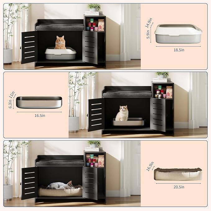 Cat Litter Box Enclosures, Large Hidden Cat Litter Box Furniture with Double Door, Wooden End Table Litter Box Cabinet with Storage Shelf, Cushion & Litter Mat, Dog Proof Design, Modern Cat House