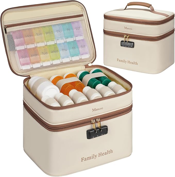 Mancro Lockable Medicine Bag, 2-Layer Pill Bottle Organizer Storage | Adjustable Dividers, Medication Travel Case for Pill, Vitamins & Supplements, Medicine Organizer for Dorm, Home Use and Trips