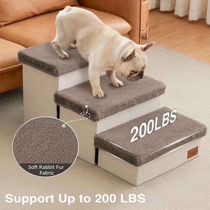 Love's cabin Dog Stairs for High Bed, Foldable Pet Stairs for Small Medium or Large Dogs Puppy with Storage for Bed or Couch, Cat Dog Steps Ramp with Zip up to 200 lbs, Brown, 3 Steps