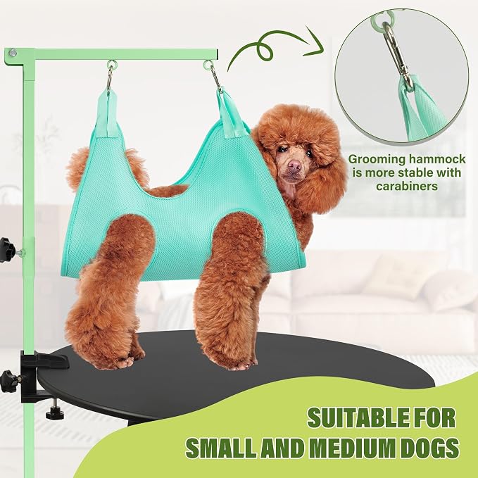 getlstub Dog Grooming Arm with Pet Grooming Hammock, 35" Pet Grooming Table Arm with Adjustable No Sit Haunch Holders, Dog Grooming Stand with Loop Noose for Small and Medium Pets, Green