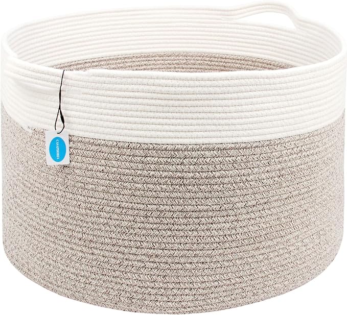 Casaphoria XXXLarge Cotton Rope Basket for Living Room - Woven Storage Basket with Handle for Blankets, Towels and Pillows Laundry Hamper | Cream white and Brown (22" x 22" x 14")
