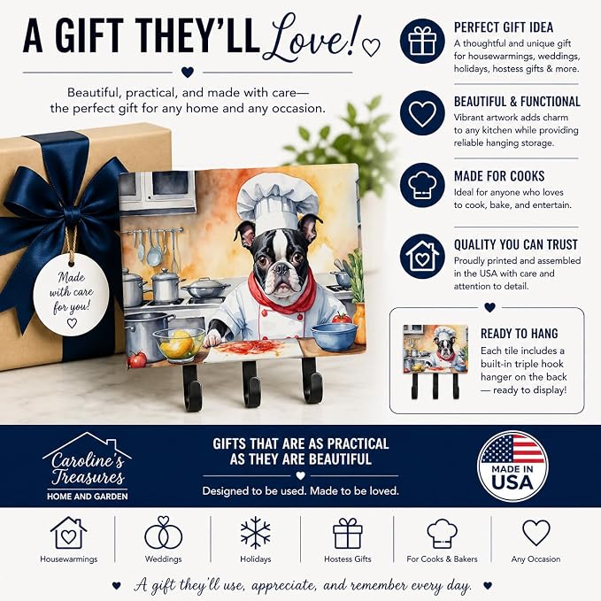 Caroline's Treasures Boston Terrier The Chef Leash or Key Holder Wall Hooks, Key Hooks Holder, Coat Rack Wall Mount, Coat Hooks, Hooks for Hanging Keys, Towels, Aprons, Leashes | Boston Terrier The Chef artwork on ceramic tile with three steel hooks fo...