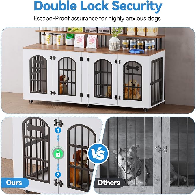 Petrova 63" Dog Crate Furniture for 2 Dogs, Heavy Duty Double Dog Crates for Small/Medium Dogs, Wooden Dog Cage with Removable Divider, Storage Compartment and 6 Lockable Wheels, Beige