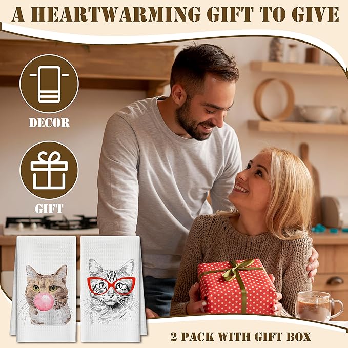Kitchen Towels Set Of 2, Bubble Cat Dish Towel For Kitchen, Funny Glasses Kitten Decorative Hand Towels For Bathroom, Fast Drying Tea Towel, Housewarming Xmas Gifts For Cat Lover Women Mom -B10