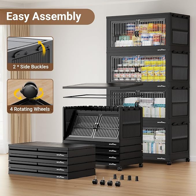 BROVIEW 600Qt Stackable Storage Bins with Lid for Home Dorm, 3Pack Black | Closet Organizers, Foldable & Collapsible Cabinets, Large Containers, Wheels & Magnetic Doors, Plastic Drawers for School