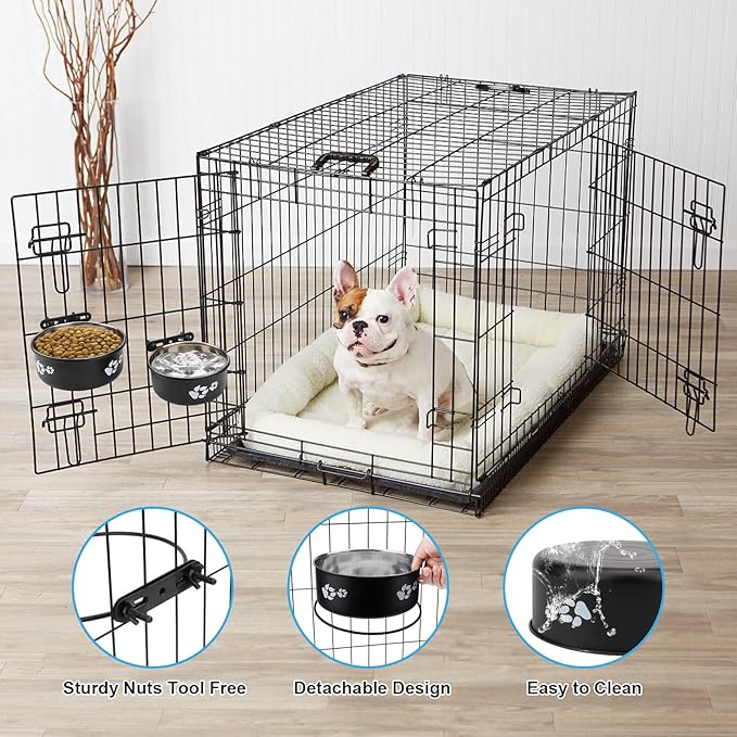 Stainless Steel Dog Crate Bowls Hanging No Spill 2 PCS - Adjustable Mountable Kennel Bowls for Medium/Large Dogs, Anti Spill Water & Food Bowl Set (Black, M(5.5"+6.3"))