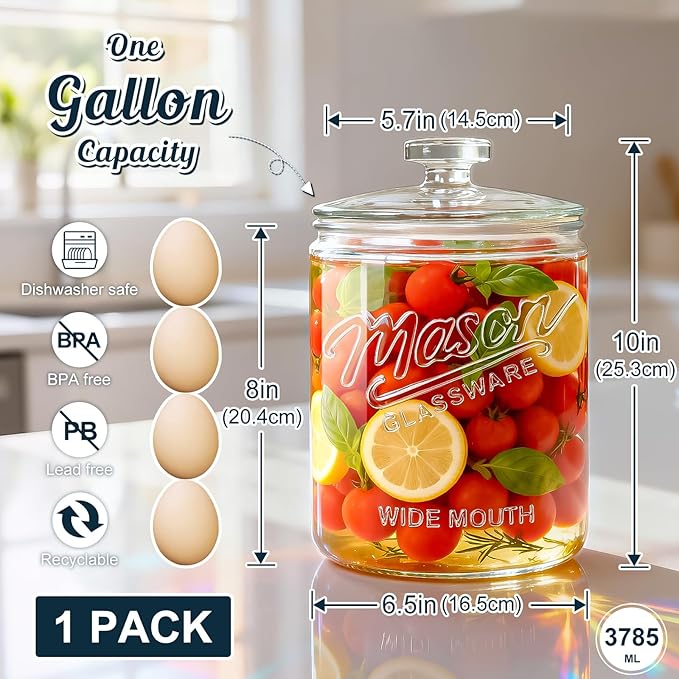 1 Gallon Glass Cookie Jar with Airtight Lid for Sourdough Starter | Large Wide Mouth Mason Jar for Baked Goods, Glass Storage Container for Pantry Organizer, Laundry Room, Flour, Dog Treats
