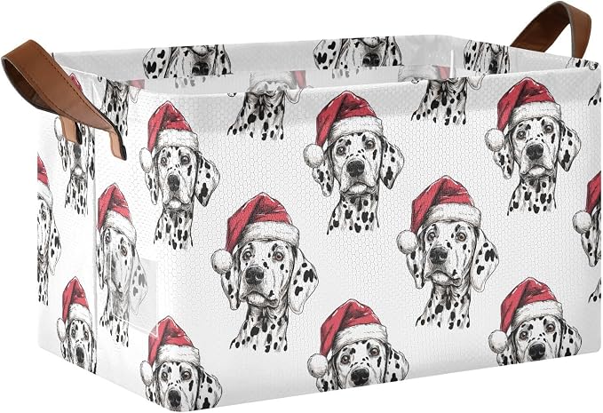 Cute Christmas Dalmatian Dog Storage Basket Foldable Cube Storage Bins with Handles&Label Waterproof Collapsible Organizer Box Bin Large Rectangle Decorative Baskets for Shelves Home Room Laundry