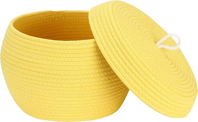 Sea Team Round Woven Cotton Rope Storage Basket with Lid, Yellow | Lidded Knitted Decorative Storage Bin, Pot, Caddy, Organizer, Container for Snacks, Towels, Plants, 13 x 9 Inches