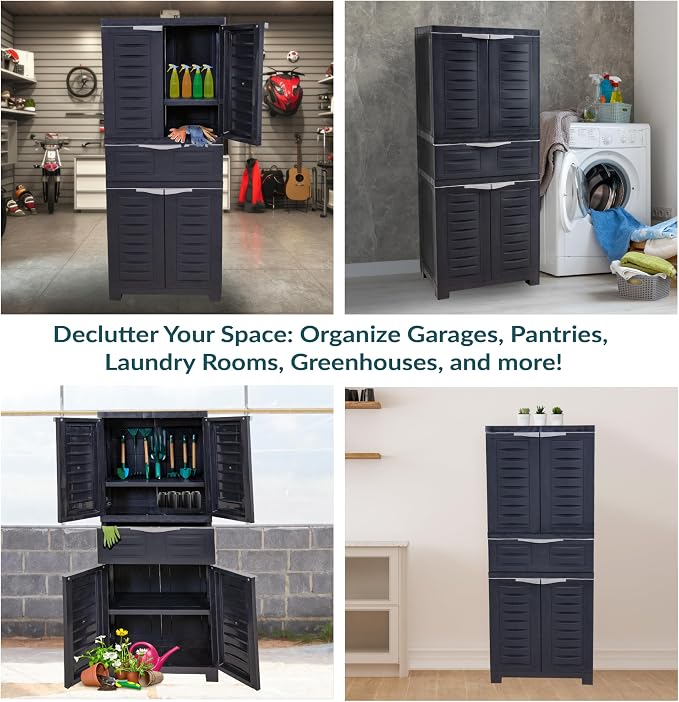 Sunnydaze 57" Garage Storage Cabinet with Doors & Shelves, Charcoal | Heavy Duty Resin Storage Cabinet Resists Rust & Peeling, Utility Cabinet with Drawer & Anti-Tip Kit for Laundry, Office