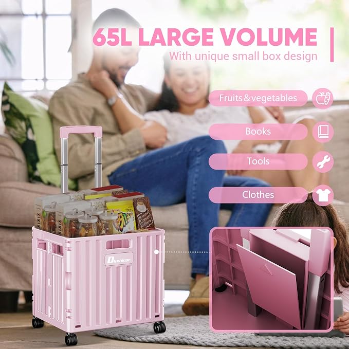 Folding Utility Cart with Lid, Portable Rolling Crate Handcart Collapsible Shopping Trolley, Durable Plastic Foldable Tool Basket with 4 Rotate Wheels for Grocery, Office, Luggage, School - Pink
