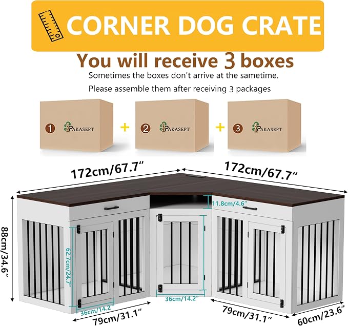 PAKASEPT 3 in 1 Extra Large Corner Dog Crate Furniture for 3 Dogs,Wooden Dog Crate Kennel with 2 Drawers,Divider,Power Outlet,Heavy Duty Double Dog Kennel TV Stand Indoor for Small,Medium,Large Dogs