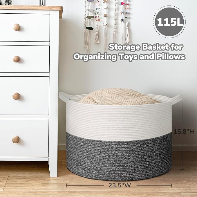 Goodpick 115L Extra Large Storage Basket for Blankets Toys for Nusery Room | c In Woven Basket for Storage, Kids Toy Storage for Playroom, Laundry Basket for Towels, Gray