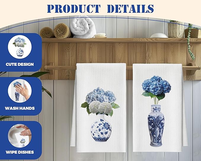 Kitchen Towels Set of 2, Blue and White Porcelain Chinoiserie Dish Towel for Kitchen Bathroom, Hydrangea Decorative Hand Towels, Fast Drying Tea Towel, Housewarming Gifts for Women Mom -09