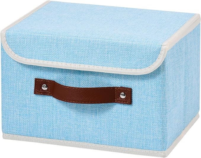 Storage Boxes with Lids Cotton Linen Fabric Bins Baskets | Decorative Collapsible Washable, Clothes Container Organizer for Closet Shelf, w/ Faux Leather Handles, Light Blue, Small