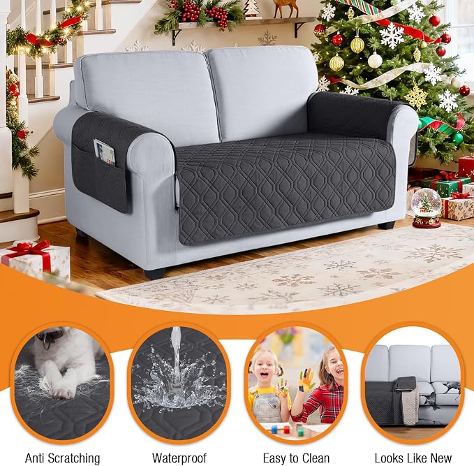 VANSOFY Waterproof Loveseat Couch Cover for Pets, Charcoal Gray, 47.2" | Non-Slip, Washable, Utility Pockets, Pet Friendly, Furniture Protector Slipcover for 2 Cushion Couch