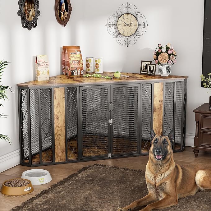 Spacesea Extra Large Corner Dog Crate Furniture, Heavy Duty Indoor Dog Kennel, End Table & TV Stand in 1, Chew-Proof Metal, Retro Brown Wood Panels, Space Saving Large Breed Dog Cage for Living Room